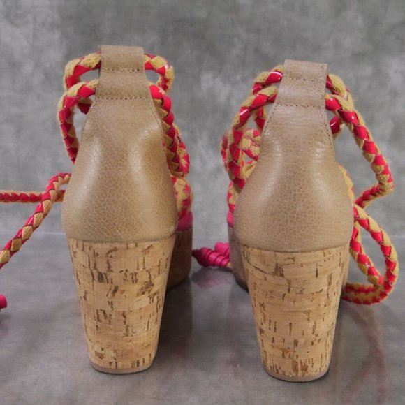 NWD Tory Burch Tie Up Pink/Tan Rope & Cork Petra Mid Wedge Wom 8.5 M $375    ANB - Picture 9 of 12